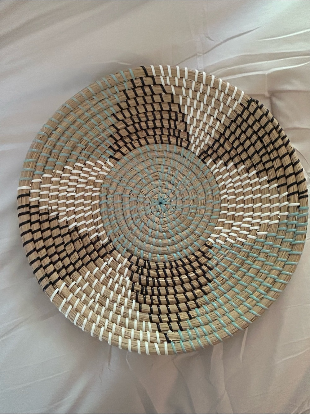 Handwoven Decorative Woven Basket in Natural, White & Light Blue